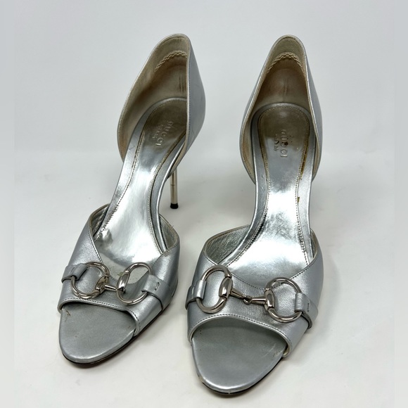 GUCCI Silver Leather Horsebit Open Toe Pumps Size 39 authentic Preowned - Picture 2 of 8